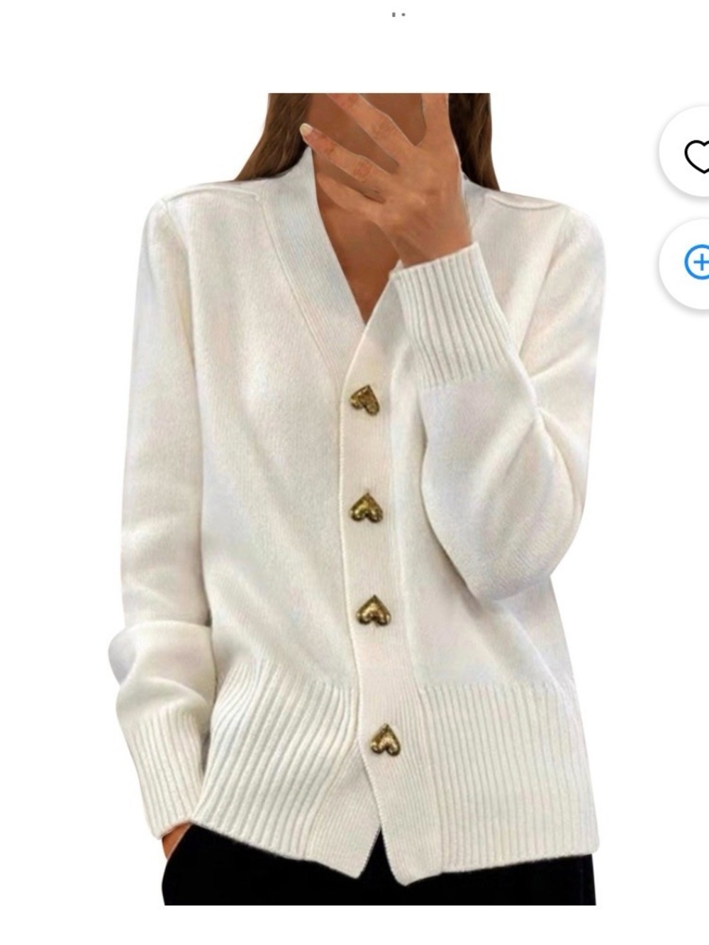 Off White French Style Heart-Button V-Neck Cardigan Sweater! Size L/XL